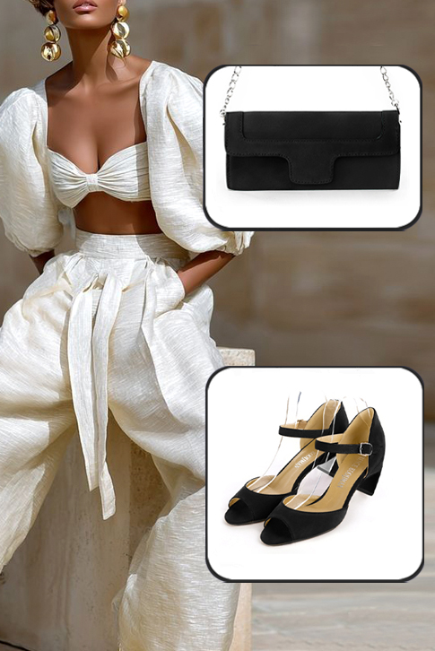 Women's matt black elegant sandals with instep strap. Square toe. Medium comma heels - Worn view